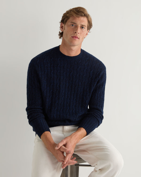 N.Peal Men's Thames Cable Round Neck Cashmere Jumper Navy Blue Melange