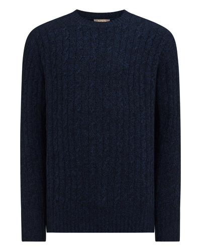 N.Peal Men's Thames Cable Round Neck Cashmere Jumper Navy Blue Melange