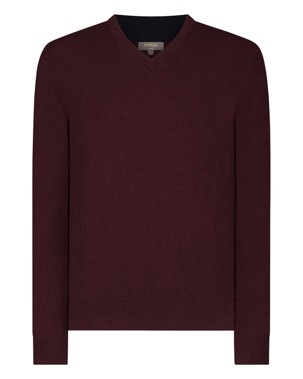 N.Peal Men's Burlington V Neck Cashmere Jumper Claret Red