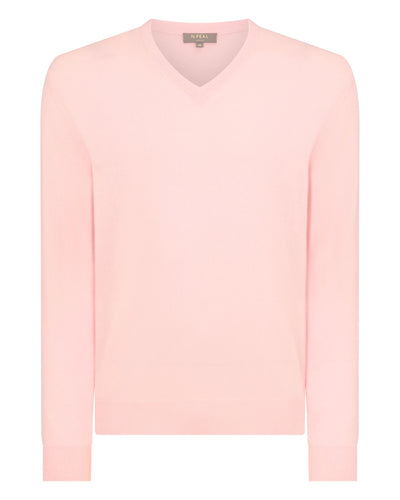 N.Peal Men's Burlington V Neck Cashmere Jumper Pale Pink