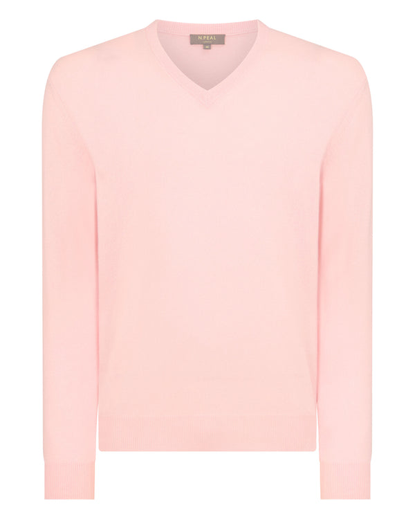 N.Peal Men's Burlington V Neck Cashmere Jumper Pale Pink