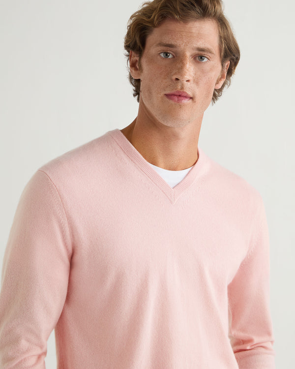 N.Peal Men's Burlington V Neck Cashmere Jumper Pale Pink