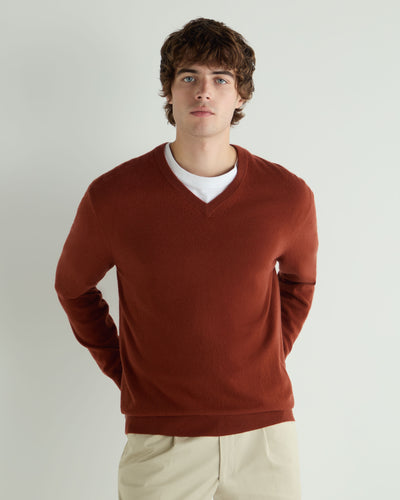 N.Peal Men's Burlington V Neck Cashmere Jumper Spice Orange