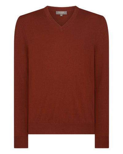 N.Peal Men's Burlington V Neck Cashmere Jumper Spice Orange