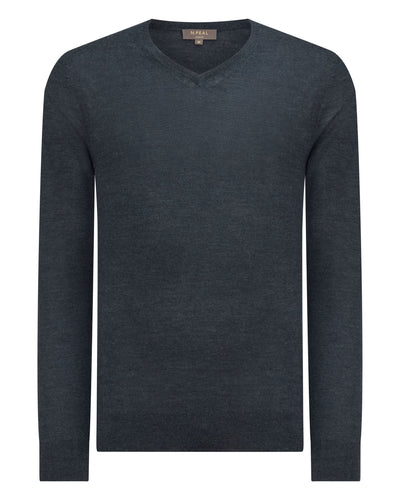 N.Peal Men's Conduit Fine Gauge Cashmere V Neck Jumper Azurine Blue