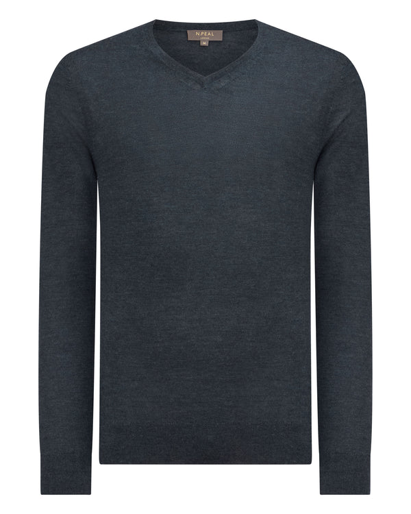 N.Peal Men's Conduit Fine Gauge Cashmere V Neck Jumper Azurine Blue