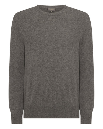 N.Peal Men's Oxford Round Neck Cashmere Jumper Wood Smoke Brown