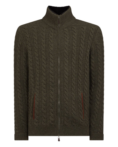 N.Peal Men's Richmond Cable Cashmere Cardigan Moss Green