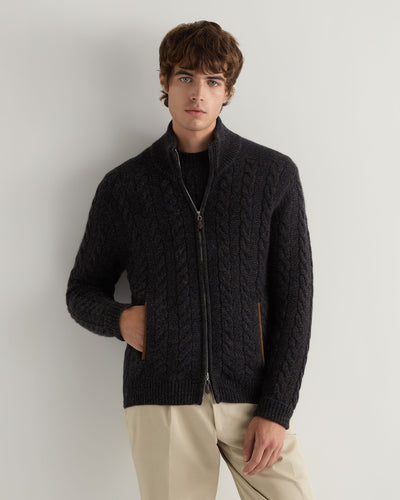 N.Peal Men's Richmond Cable Cashmere Cardigan Granite Blue