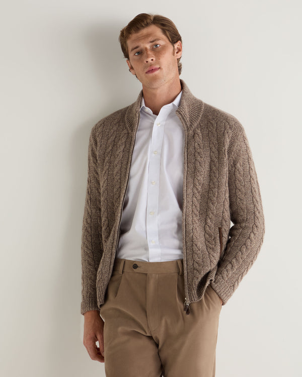 N.Peal Men's Richmond Cable Cashmere Cardigan Heather Hazel Brown