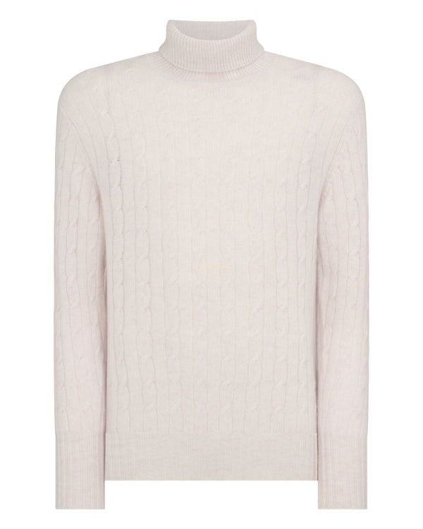 N.Peal Men's Berwick Cable Roll Neck Cashmere Jumper Frost White