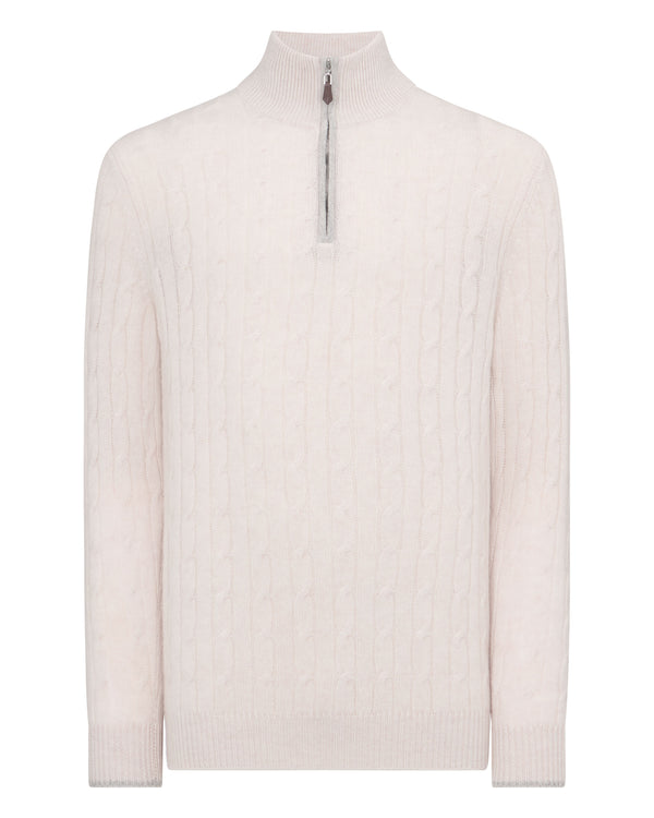 N.Peal Men's Albemarle Cable Half Zip Cashmere Jumper Frost White