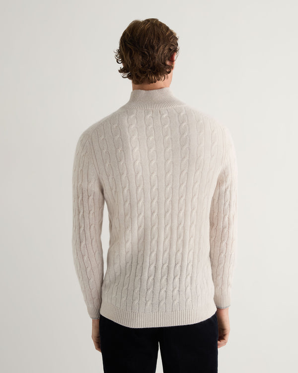 N.Peal Men's Albemarle Cable Half Zip Cashmere Jumper Frost White