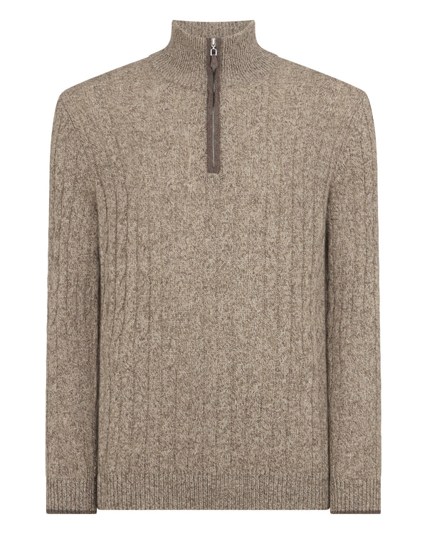 N.Peal Men's Albemarle Cable Half Zip Cashmere Jumper Heather Hazel Brown