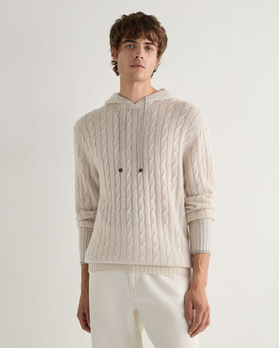 N.Peal Men's Fitzrovia Cable Cashmere Hoodie Frost White