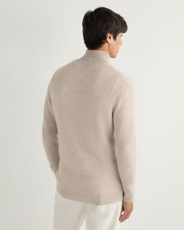 N.Peal Men's Lambeth Two Tone Rib Full Zip Cashmere Cardigan Toasted Sesame Brown