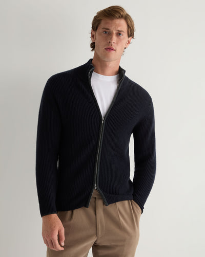 N.Peal Men's Lambeth Rib Full Zip Cashmere Cardigan Navy Blue