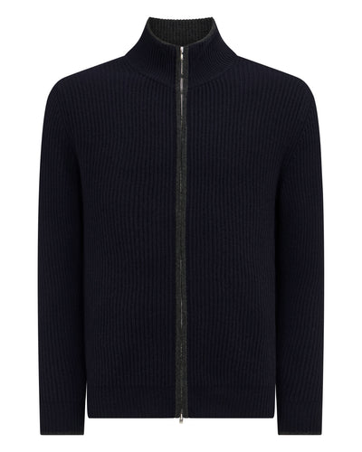 N.Peal Men's Lambeth Rib Full Zip Cashmere Cardigan Navy Blue