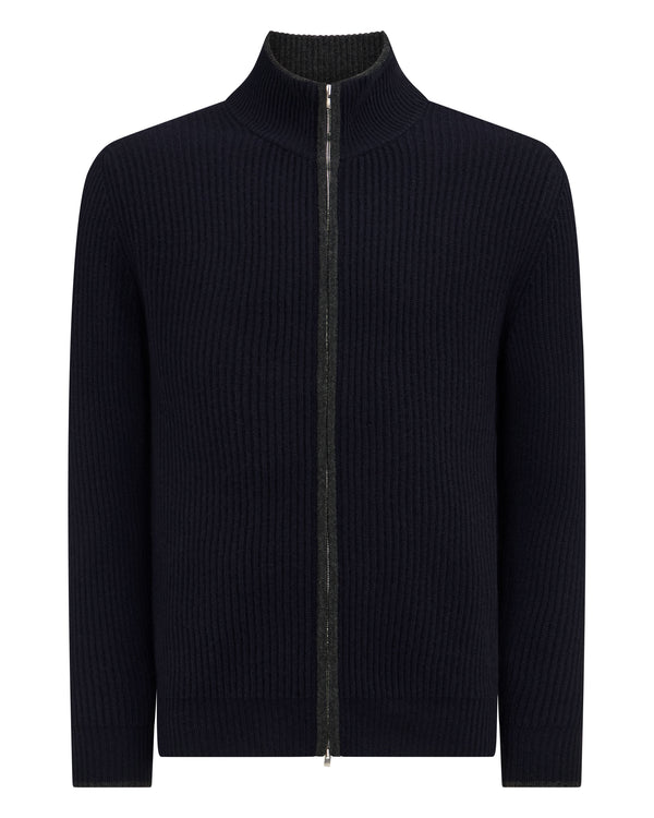 N.Peal Men's Lambeth Rib Full Zip Cashmere Cardigan Navy Blue