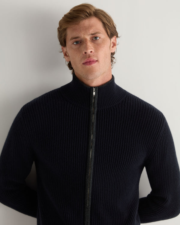 N.Peal Men's Lambeth Rib Full Zip Cashmere Cardigan Navy Blue