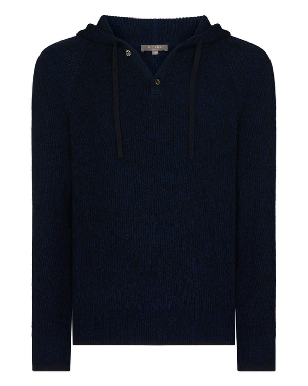 N.Peal Men's Balham Rib Hooded Cashmere Jumper Navy Blue Melange