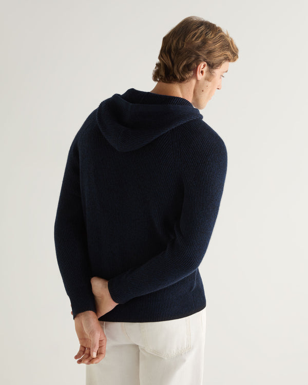 N.Peal Men's Balham Rib Hooded Cashmere Jumper Navy Blue Melange