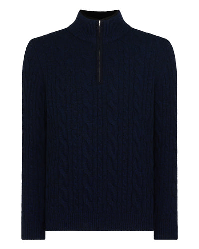 N.Peal Men's Fur Trim Half Zip Cashmere Jumper Navy Blue Melange