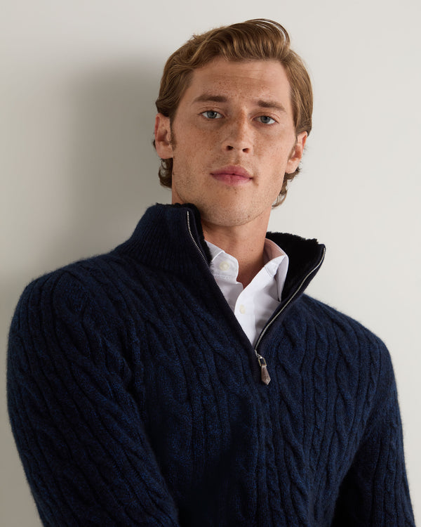 N.Peal Men's Fur Trim Half Zip Cashmere Jumper Navy Blue Melange