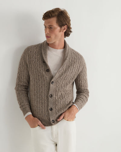 N.Peal Men's Garrick Shawl Cable Cashmere Cardigan Heather Hazel Brown