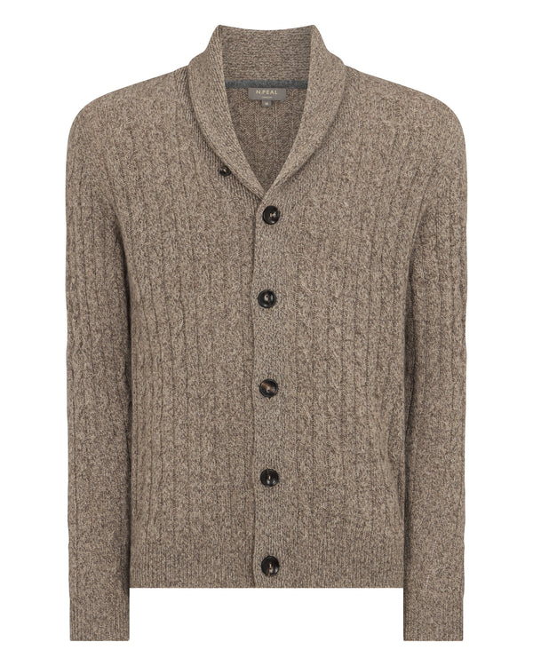 N.Peal Men's Garrick Shawl Cable Cashmere Cardigan Heather Hazel Brown