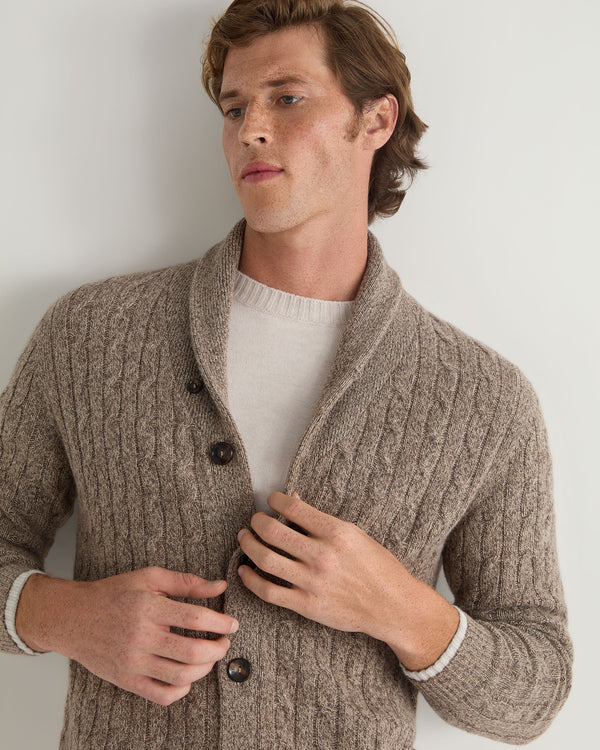 N.Peal Men's Garrick Shawl Cable Cashmere Cardigan Heather Hazel Brown