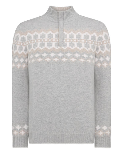 N.Peal Men's Jacquard Round Neck Cashmere Jumper Fumo Grey