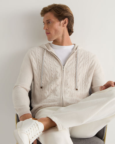 N.Peal Men's Fulham Cable Zip Cashmere Hoodie Frost White