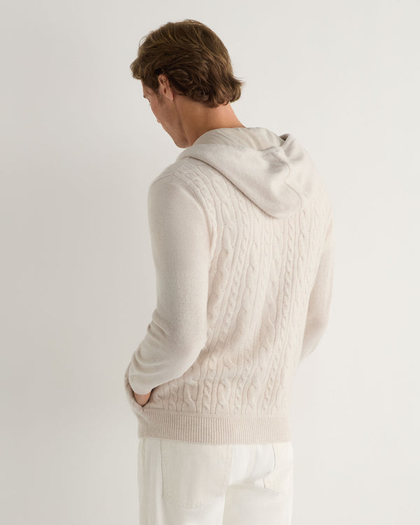 N.Peal Men's Fulham Cable Zip Cashmere Hoodie Frost White