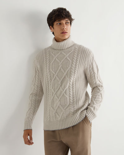 N.Peal Men's Portobello Cable Roll Neck Cashmere Jumper Pebble Grey