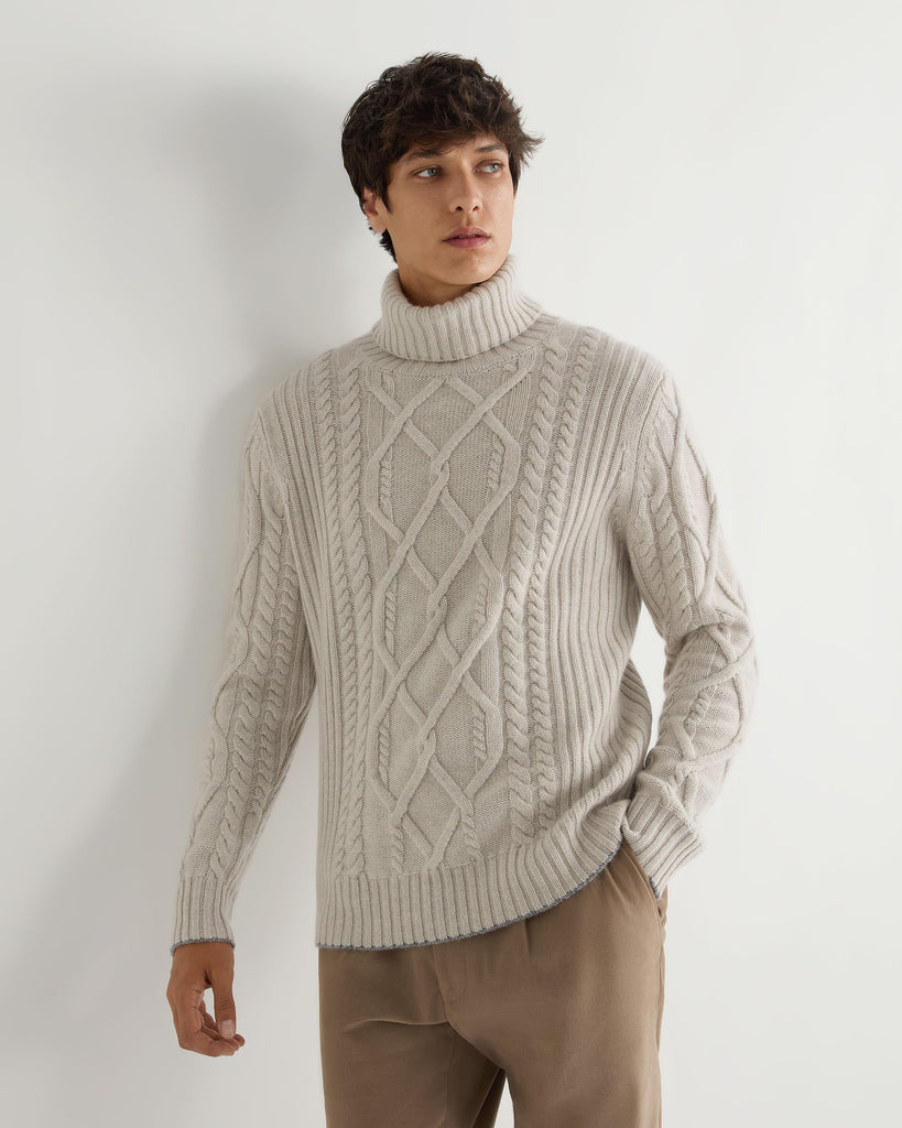 Men's Cable Roll Neck Cashmere Jumper Pebble Grey | N.Peal