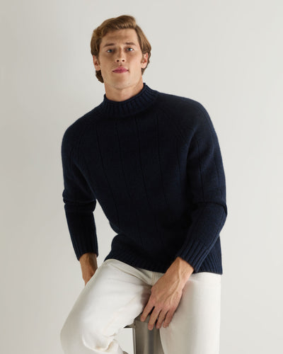 N.Peal Men's Spitalfields Rib Funnel Neck Cashmere Jumper Navy Blue Melange