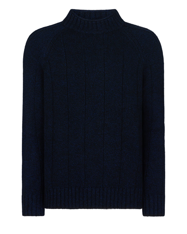 Men's Spitalfields Rib Funnel Neck Cashmere Jumper Navy Blue Melange