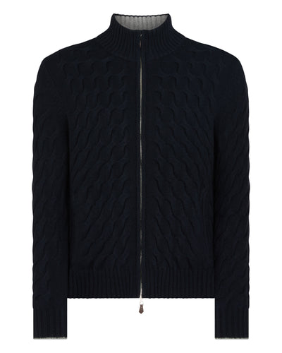 N.Peal Men's Hammersmith Cable Full Zip Cashmere Jumper Navy Blue