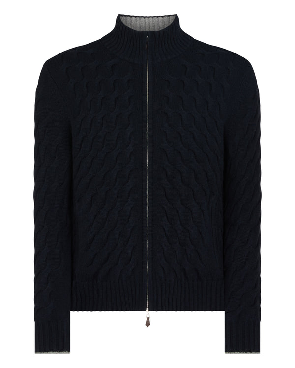 N.Peal Men's Hammersmith Cable Full Zip Cashmere Jumper Navy Blue