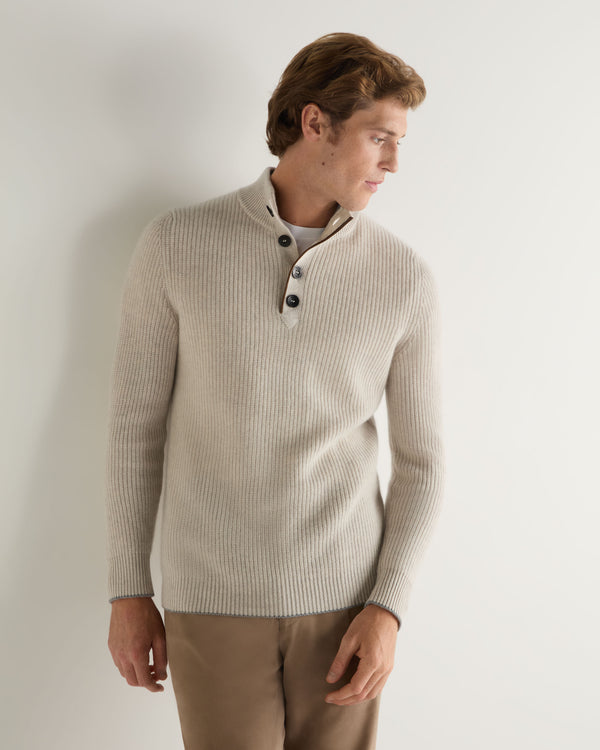 N.Peal Men's Beauchamp Half Button Cashmere Jumper Pebble Grey