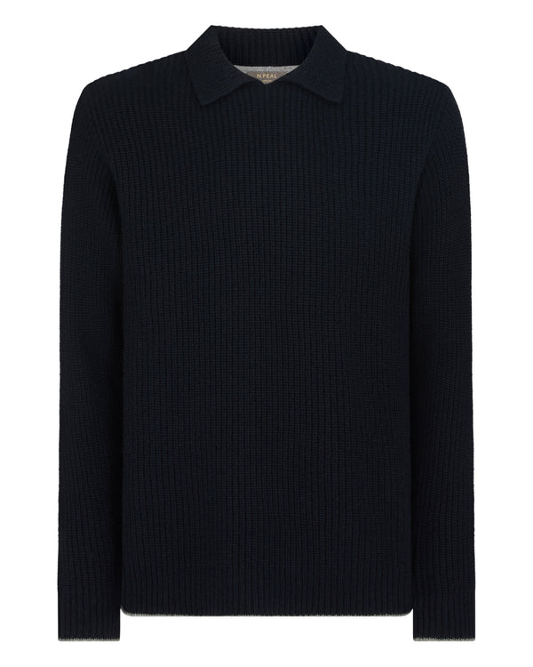 N.Peal Men's Clapham Rib Cashmere Polo Navy Blue