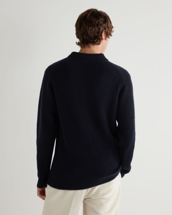 N.Peal Men's Clapham Rib Cashmere Polo Navy Blue