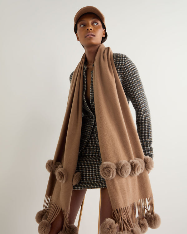 N.Peal Women's Davos Fur Bobble Woven Shawl Dark Tan Brown