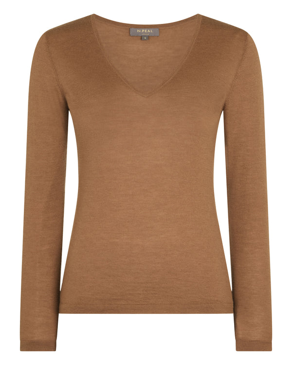 N.Peal Women's Imogen Superfine Cashmere V Neck Jumper Dark Camel Brown