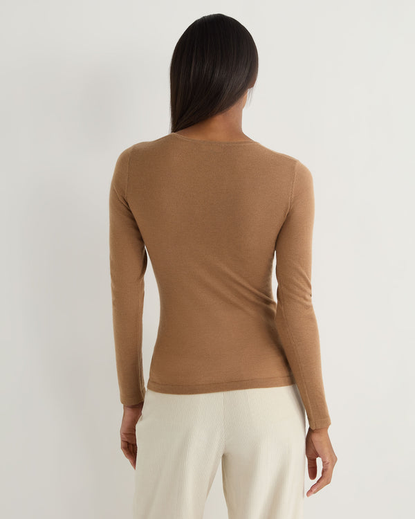 N.Peal Women's Eden Superfine Cashmere Round Neck Top Dark Camel Brown