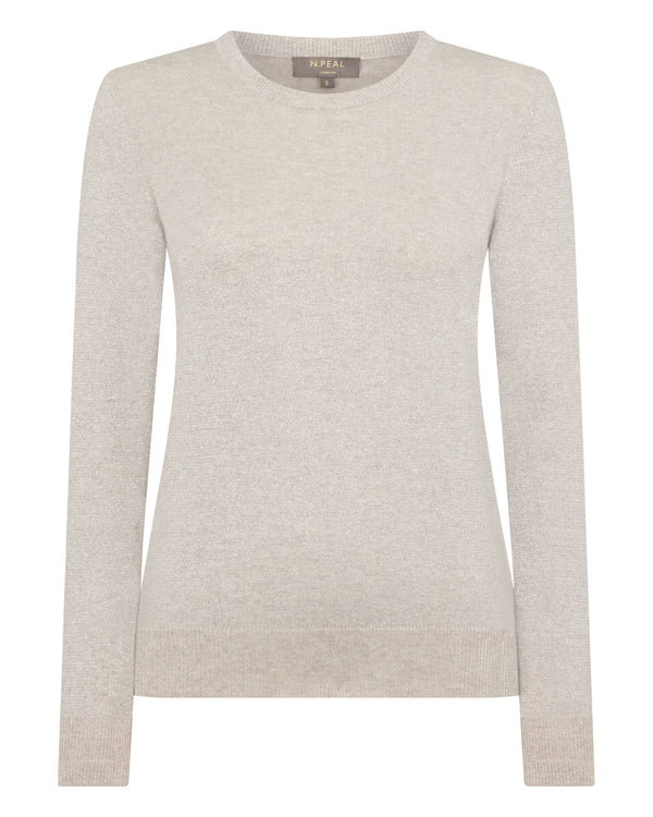 N.Peal Women's Evie Classic Round Neck Cashmere Jumper With Lurex Sand Brown Sparkle