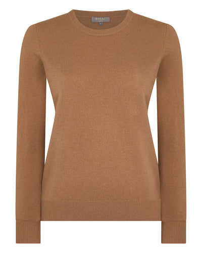 N.Peal Women's Evie Classic Round Neck Cashmere Jumper Dark Camel Brown