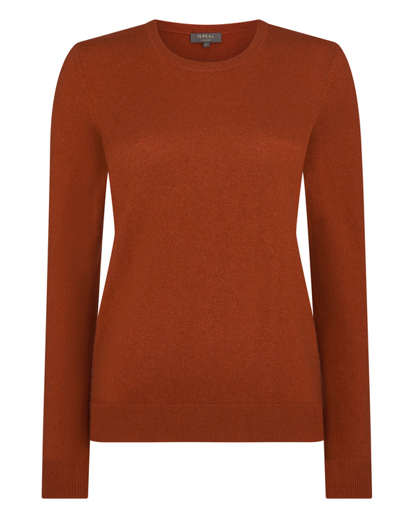 N.Peal Women's Evie Classic Round Neck Cashmere Jumper Rust Orange