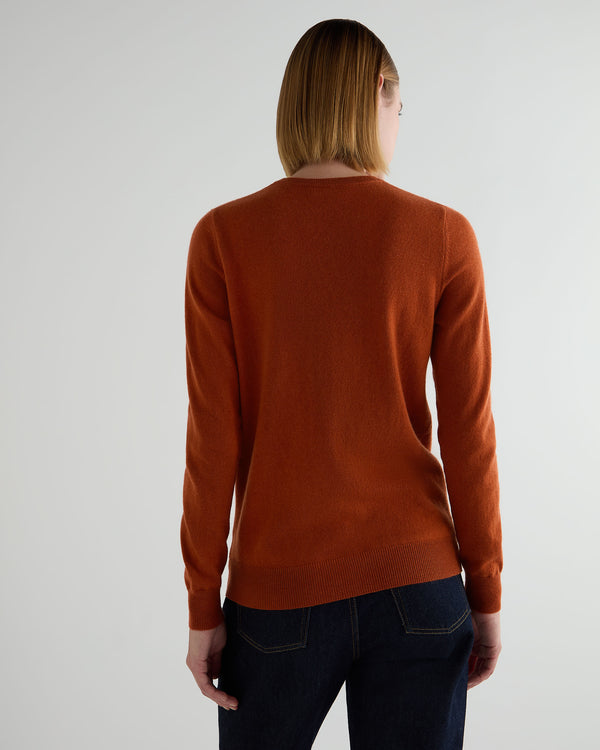 N.Peal Women's Evie Classic Round Neck Cashmere Jumper Rust Orange